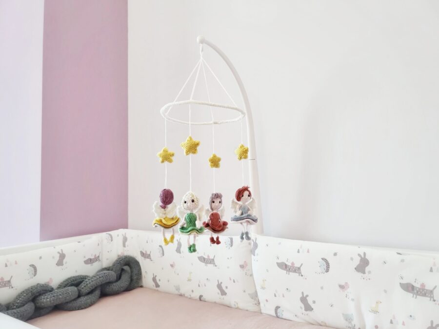 Crochet fairy baby mobile with four fairies and padded stars