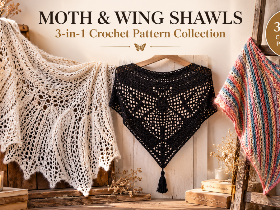Moth and wing crochet shawl pattern collection with three designs