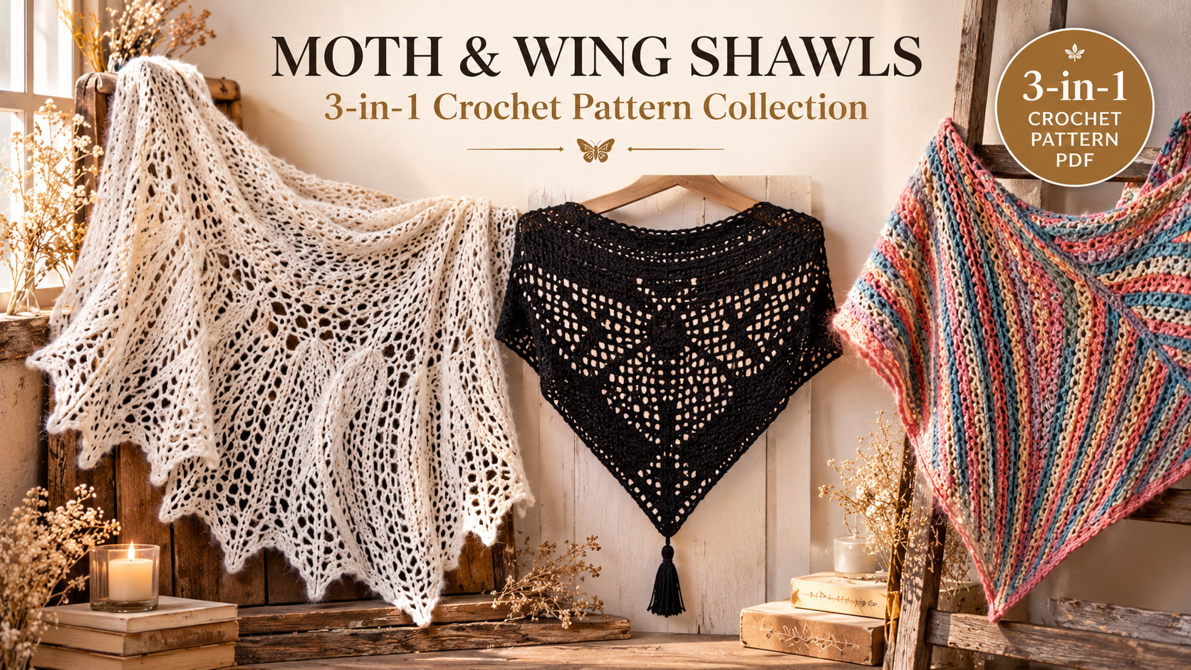 Moth and wing crochet shawl pattern collection with three designs