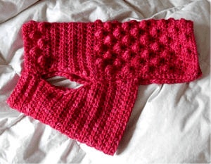 Dog stretching while wearing red crochet sweater
