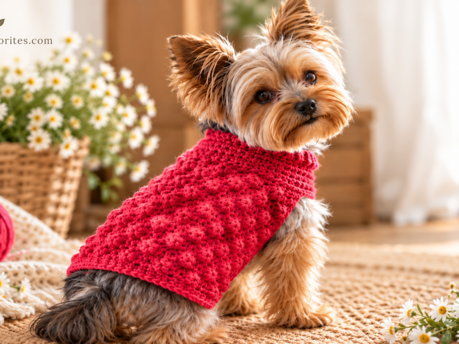Small dog wearing a red berry stitch crochet sweater