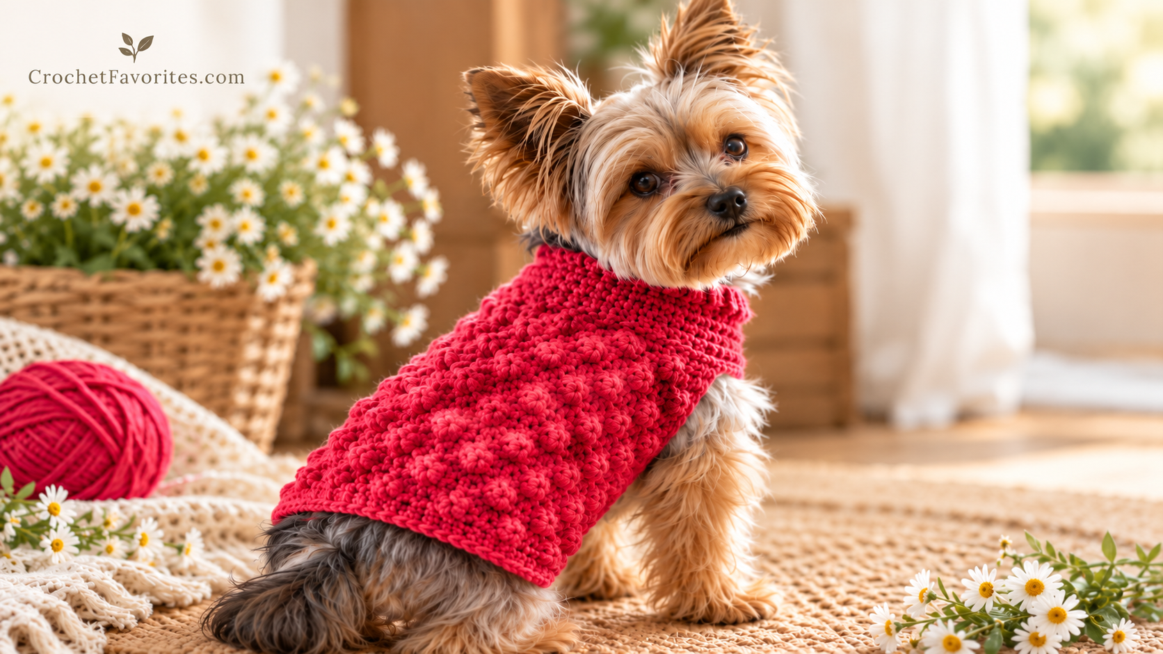 Small dog wearing a red berry stitch crochet sweater