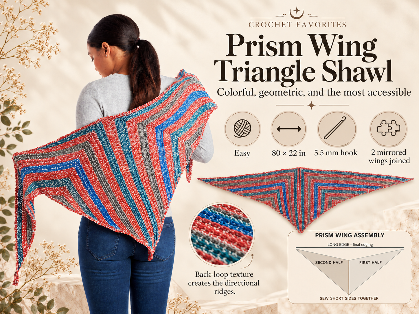 Colorful Prism Wing triangle crochet shawl with assembly diagram