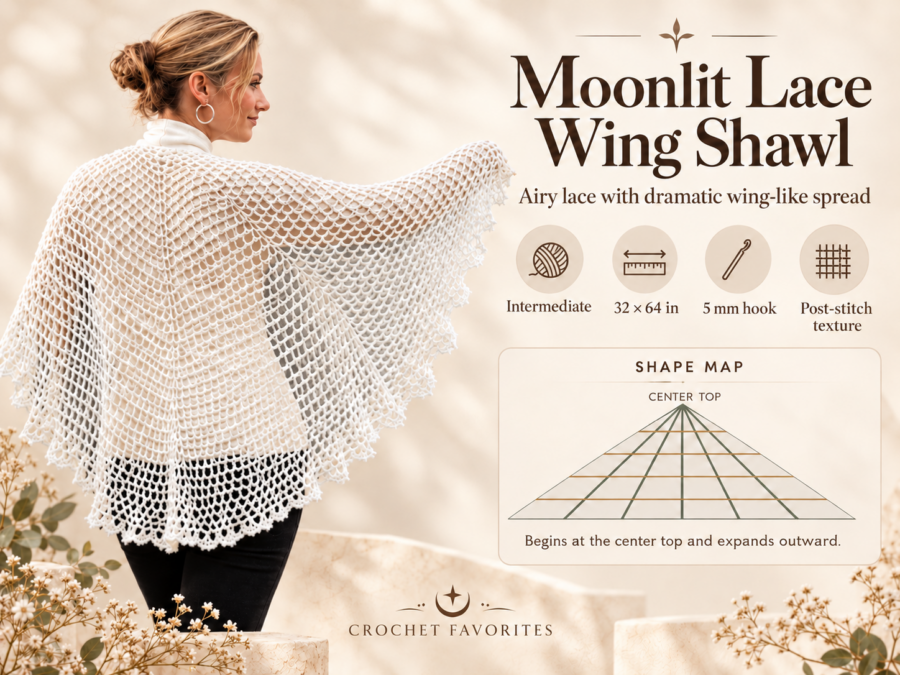 White Moonlit Lace Wing crochet shawl with construction diagram