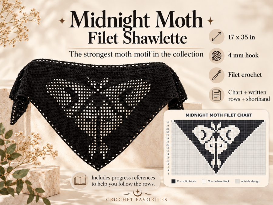 Black Midnight Moth filet crochet shawlette with moth chart